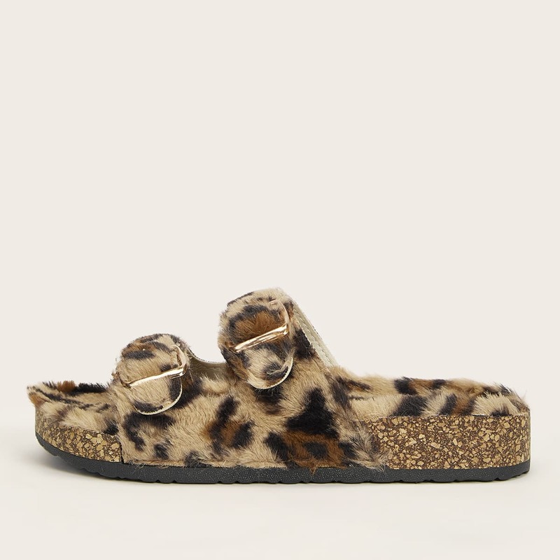 

Buckle Decor Leopard Print Fluffy Slippers, Multicolor