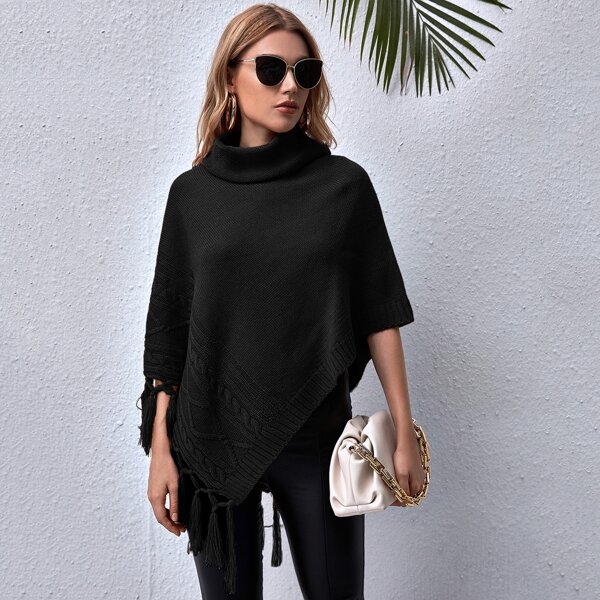 

Fringe Trim Cable Knit Poncho Sweater, Black