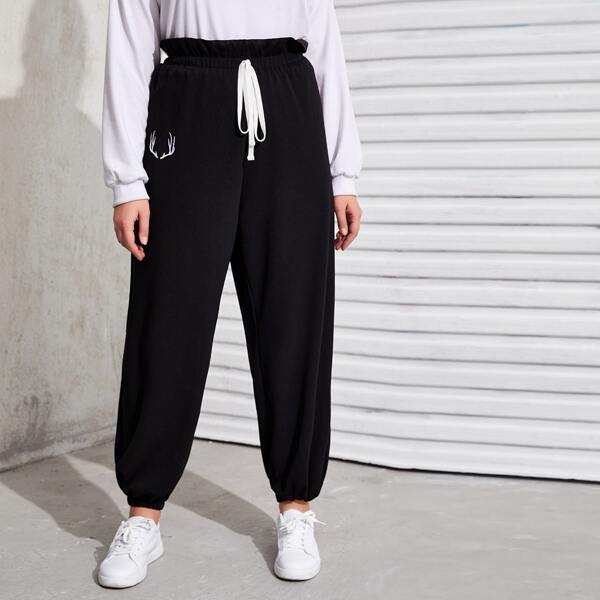 

Plus Paperbag Waist Knot Waist Embroidery Graphic Joggers, Black