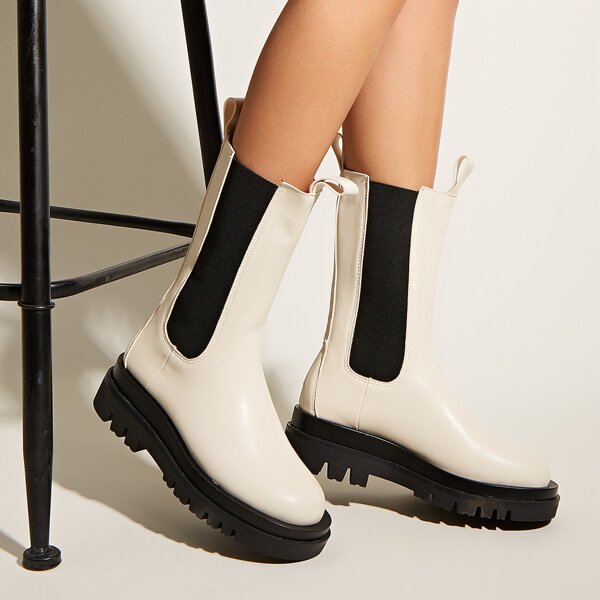 

Minimalist Mid Calf Chelsea Boots, Beige