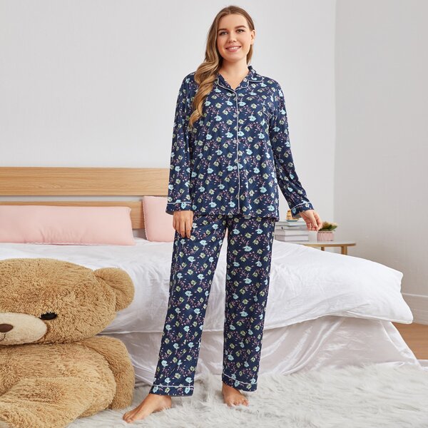 

Plus Allover Floral Print Piping Pajama Set, Navy blue