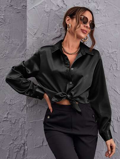 Button Front Satin Blouse