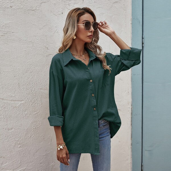 

Drop Shoulder Pocket Patched Oversized Blouse, Dark green