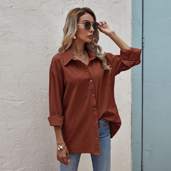 

Drop Shoulder Pocket Patched Oversized Blouse, Burnt orange
