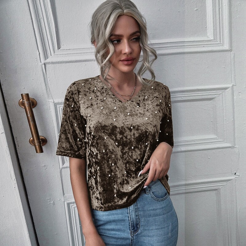 

Pearls Beaded V Neck Velvet Tee, Mocha brown