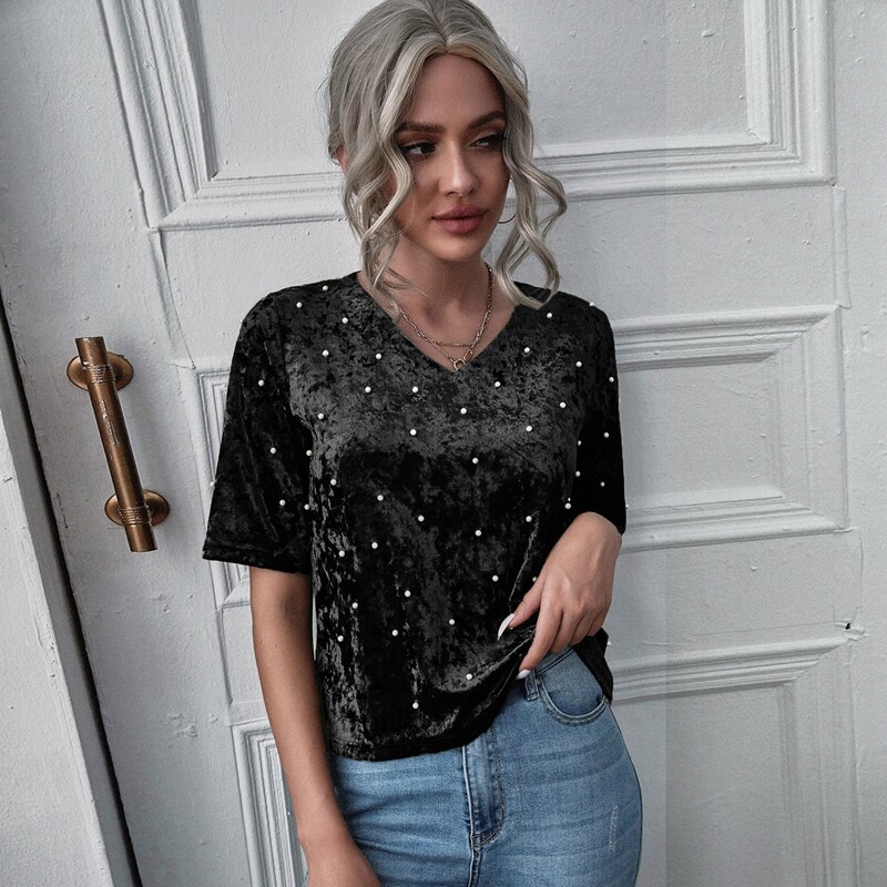 

Pearls Beaded V Neck Velvet Tee, Black