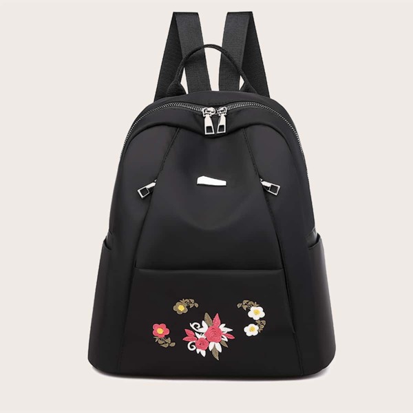 

Flower Embroidered Zipper Backpack, Black