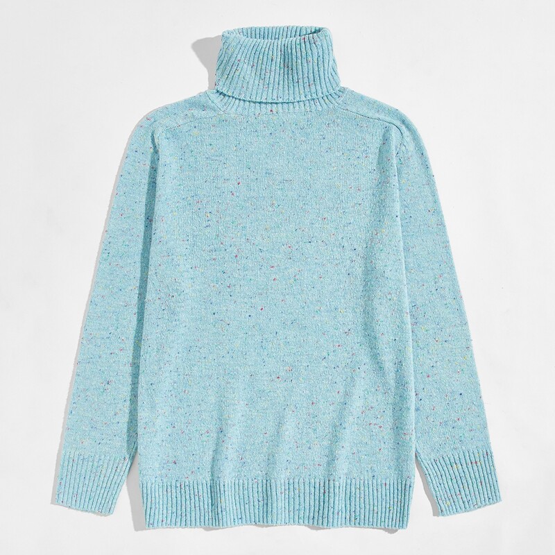 

Men High Neck Boucle Knit Sweater, Mint blue