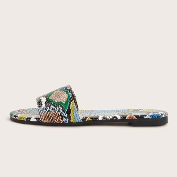 

Open Toe Snakeskin Slide Sandals, Green