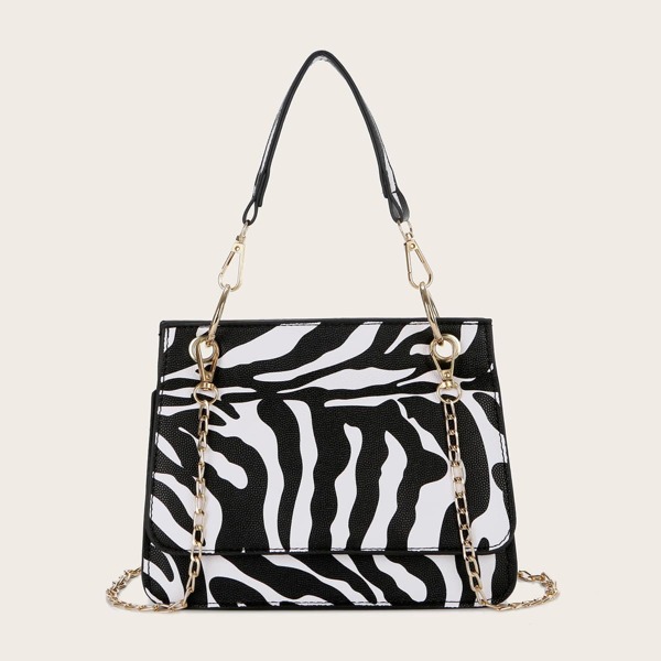 

Zebra Print Flap Chain Satchel Bag, Black and white