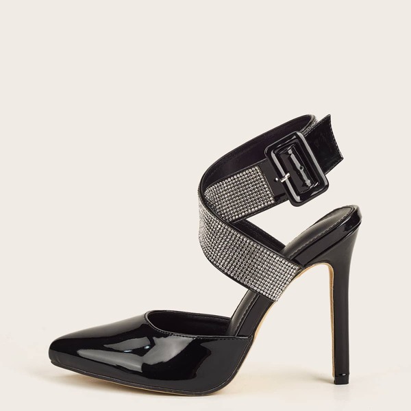 

Rhinestone Decor Ankle Strap Stiletto Pumps, Black