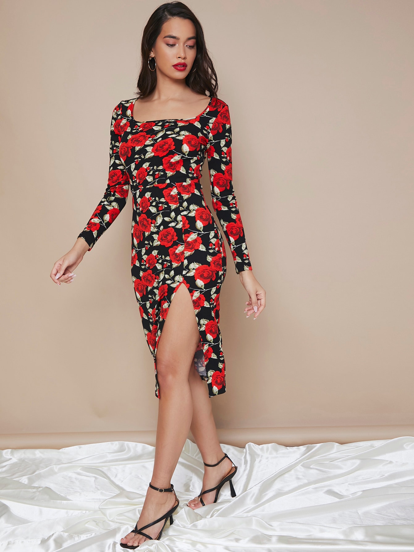 Square Neck Split Thigh Allover Floral Print Dress thumbnail