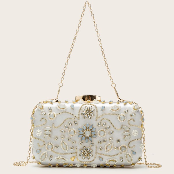 

Rhinestone & Faux Pearl Decor Chain Clutch Bag, Silver