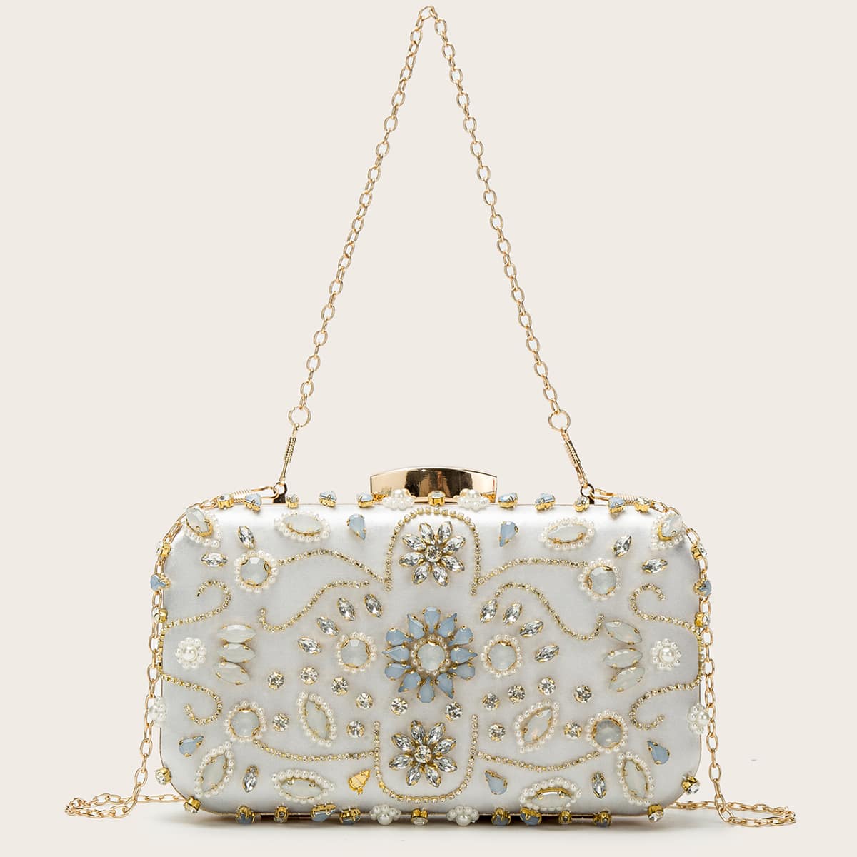 

Rhinestone & Faux Pearl Decor Chain Clutch Bag, Silver