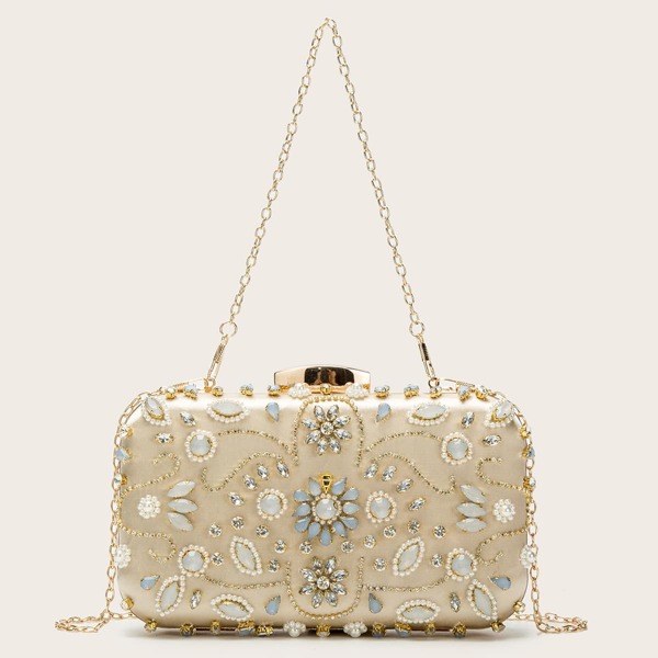 

Rhinestone & Faux Pearl Decor Chain Clutch Bag, Gold