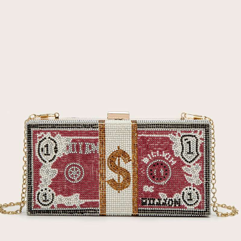 

Rhinestone Decor Dollar Design Clutch Bag, Red