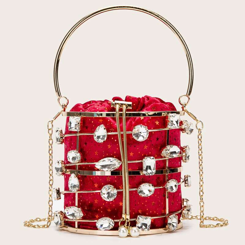 

Gemstone Decor Chain Bucket Bag, Red