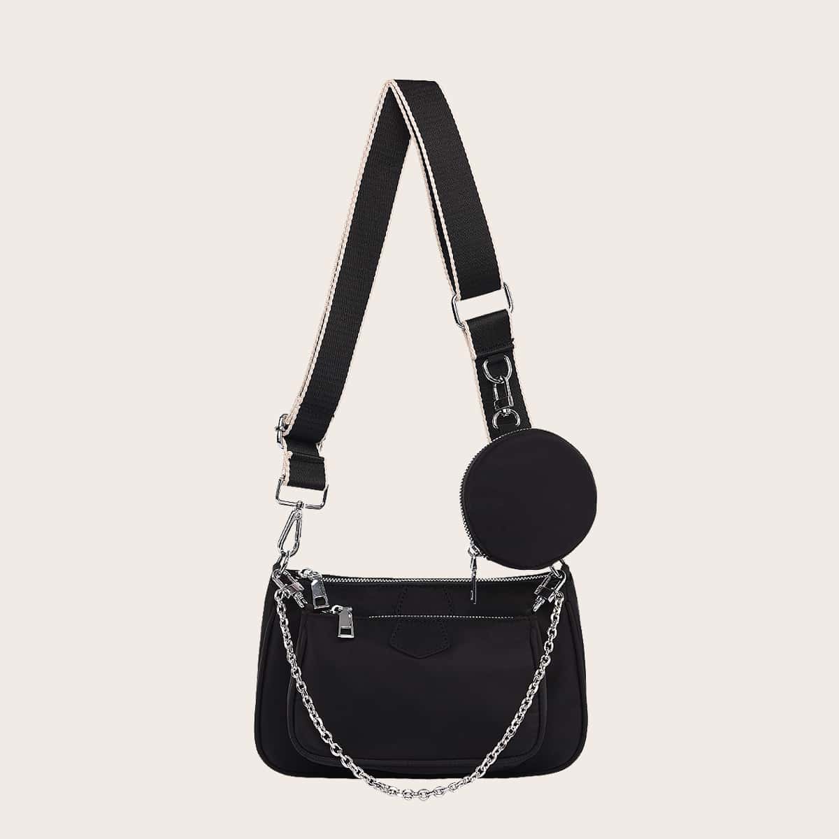 

3pcs Minimalist Zipper Shoulder Bag Set, Black