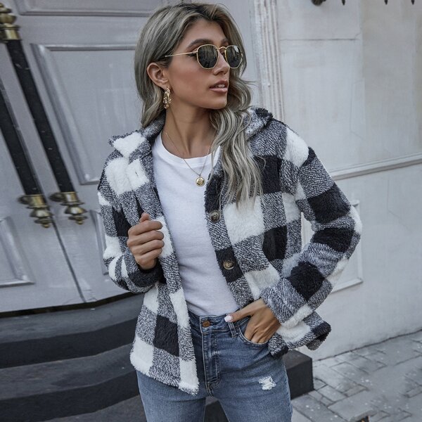 

Buffalo Plaid Button Up Teddy Coat, Black and white