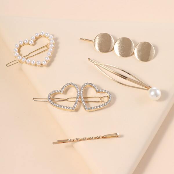 

5pcs Rhinestone Decor Hair Clip, Gold