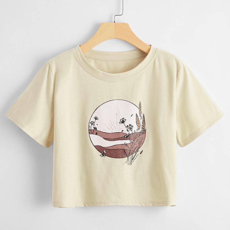 

Flower Graphic Crop Tee, Beige