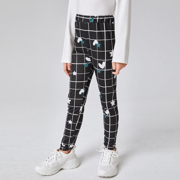 

Girls Elastic Waist Heart & Grid Print Leggings, Black