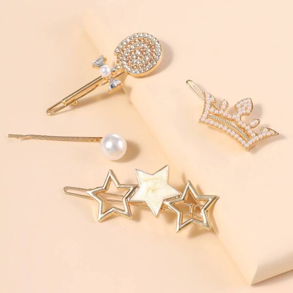 

4pcs Rhinestone Decor Hair Clip, Gold