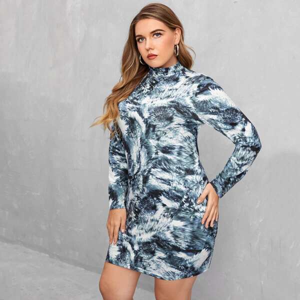 

Plus Mock Neck Tie Dye Dress, Multicolor