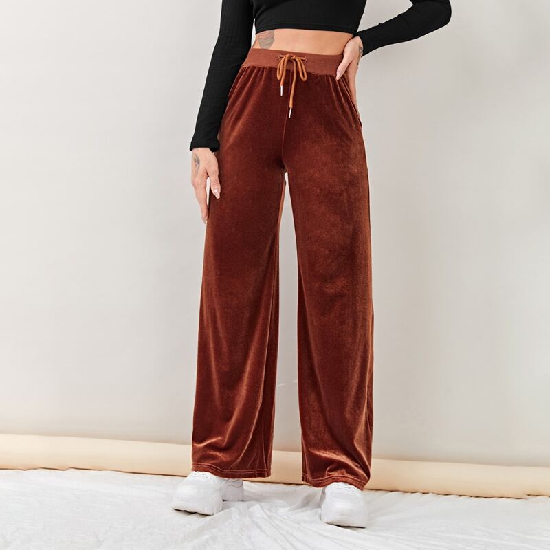 

Drawstring Waist Velvet Pants, Rust brown