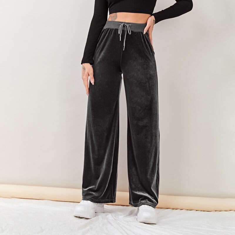 

Drawstring Waist Velvet Pants, Dark grey