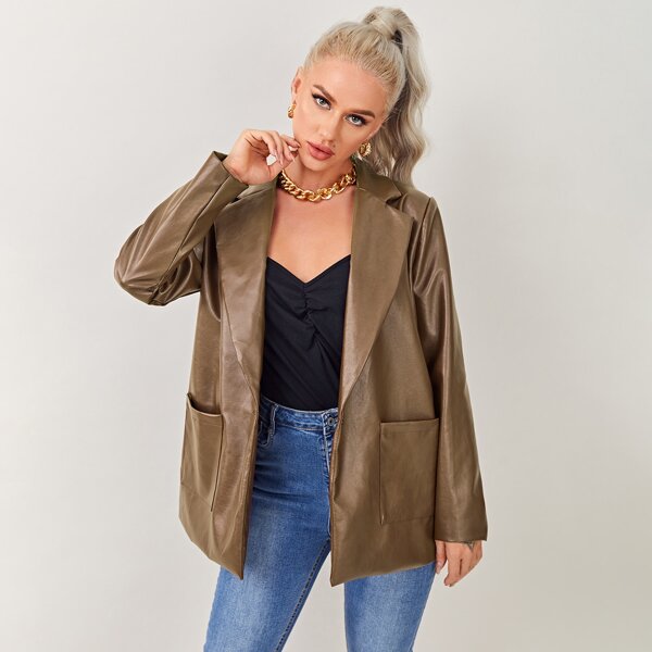 

Notch Collar PU Leather Blazer, Mocha brown