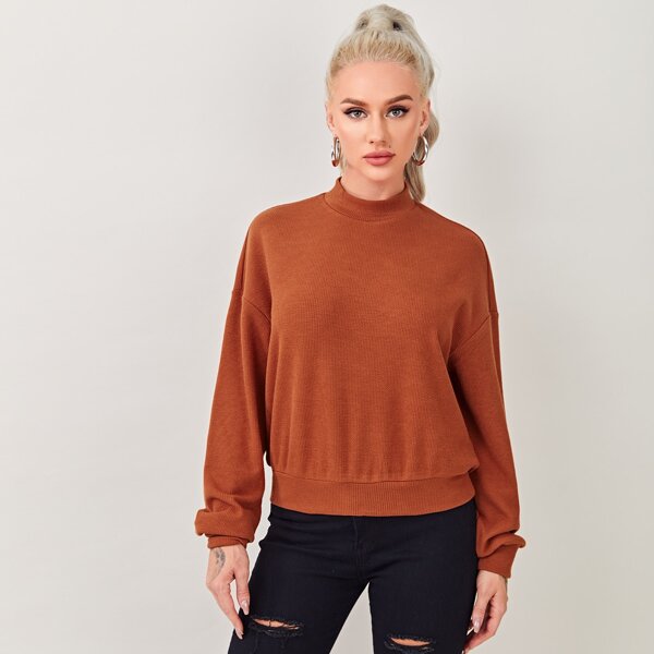 

Mock-Neck Drop Shoulder Pullover, Rust brown