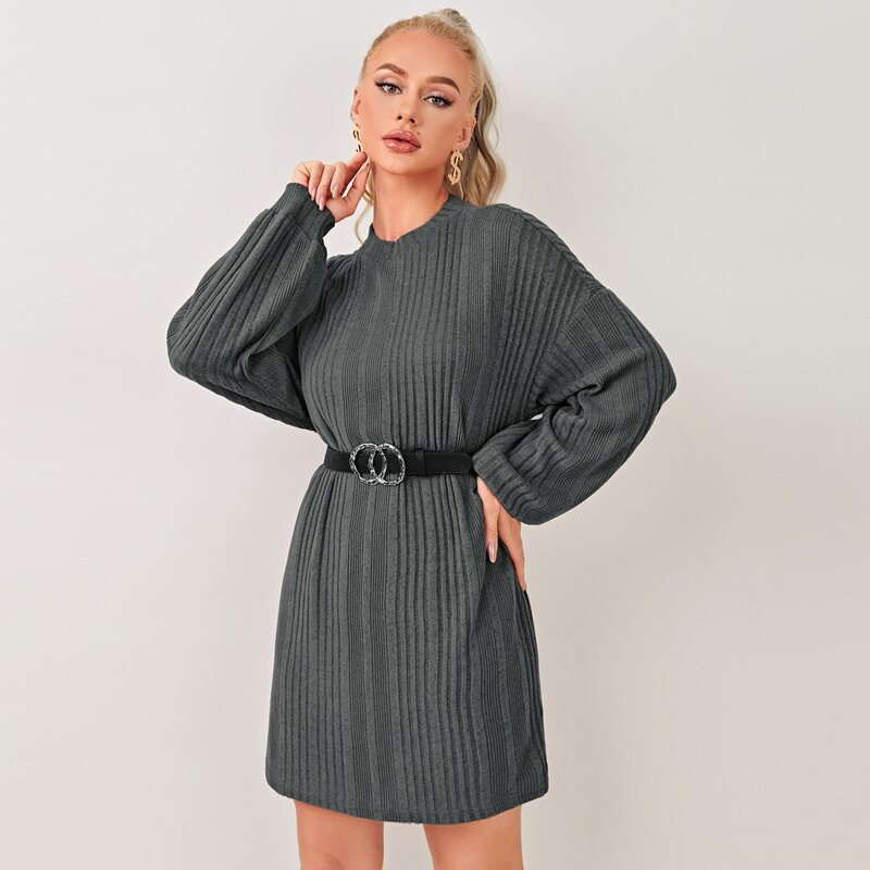 

Drop Shoulder Rib-knit Tee Dress Without Belt, Dark grey