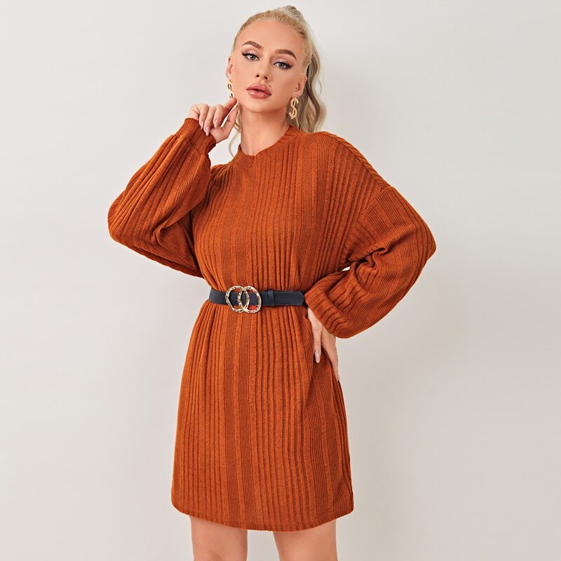 

Drop Shoulder Rib-knit Tee Dress Without Belt, Burnt orange