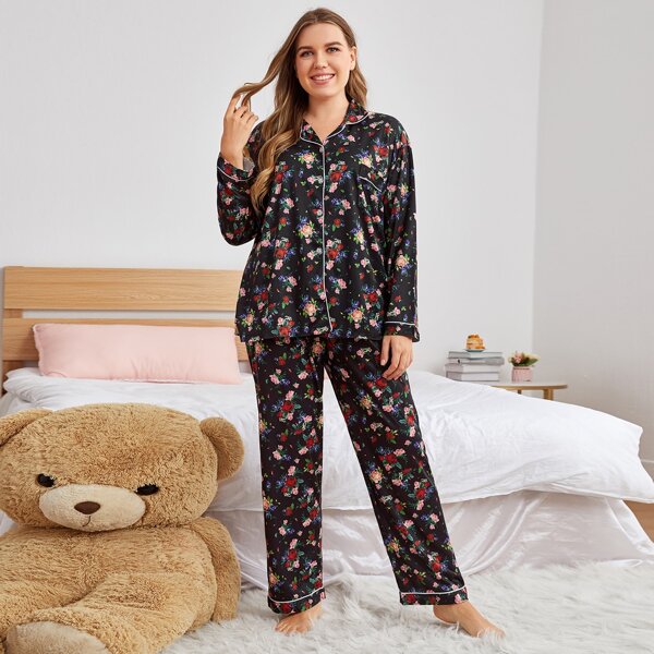 

Plus Allover Floral Print Pajama Set, Multicolor