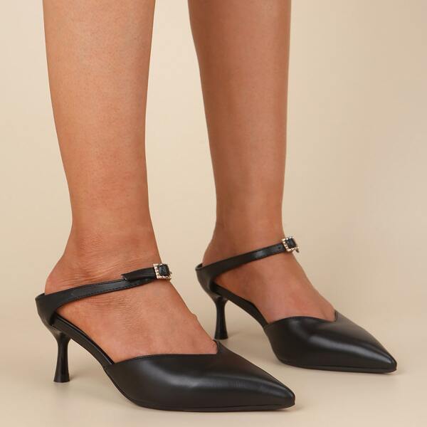 

Point Toe Rhinestone Decor Heeled Mules, Black