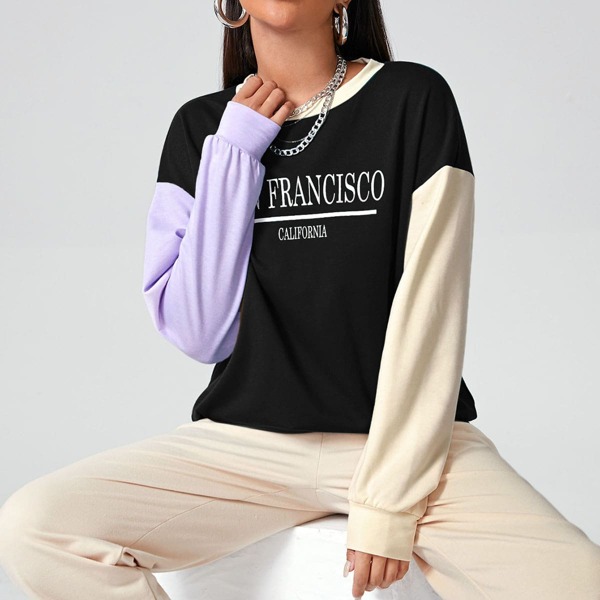 

Drop Shoulder Letter Graphic Colorblock Pullover, Black