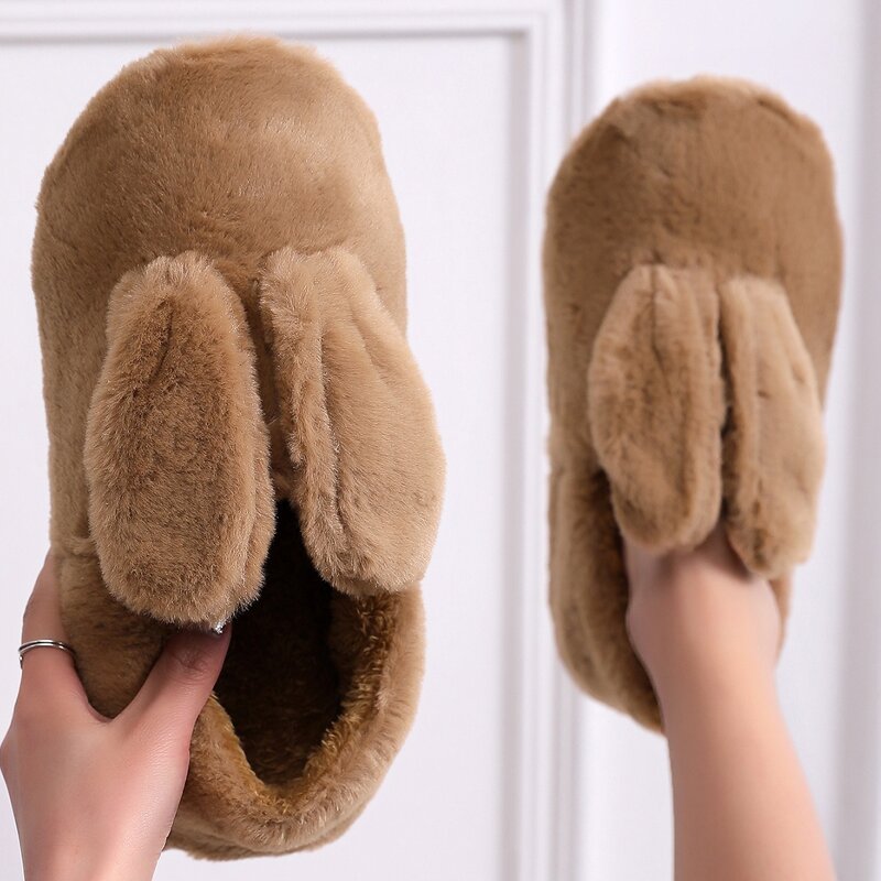 

Rabbit Ear Decor Fluffy Slip On Slippers, Coffee brown