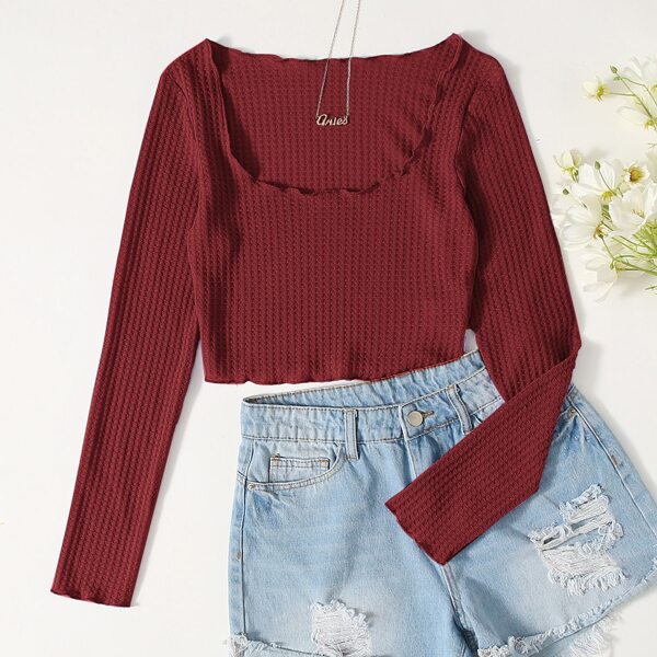 

Scoop Neck Lettuce Trim Waffle Knit Top, Burgundy