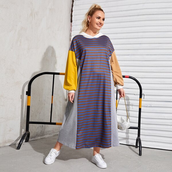 

Plus Drop Shoulder Colorblock Hooded Dress, Multicolor