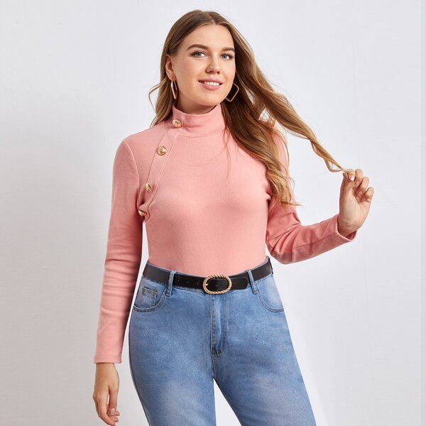 

Plus Button Detail Fitted Tee, Pink