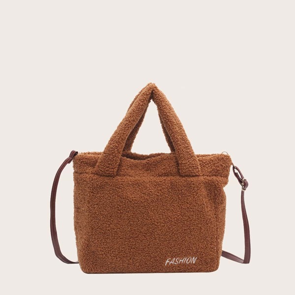 

Letter Embroidery Fluffy Tote Bag, Brown