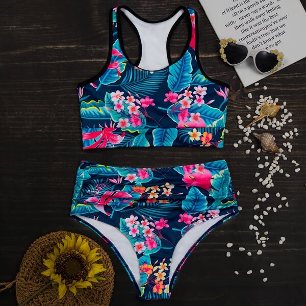 

Floral & Tropical Ruched High Waist Bikini Swimsuit, Multicolor