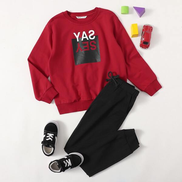 

Boys Letter Graphic Pullover & Slant Pocket Sweatpants Set, Multicolor
