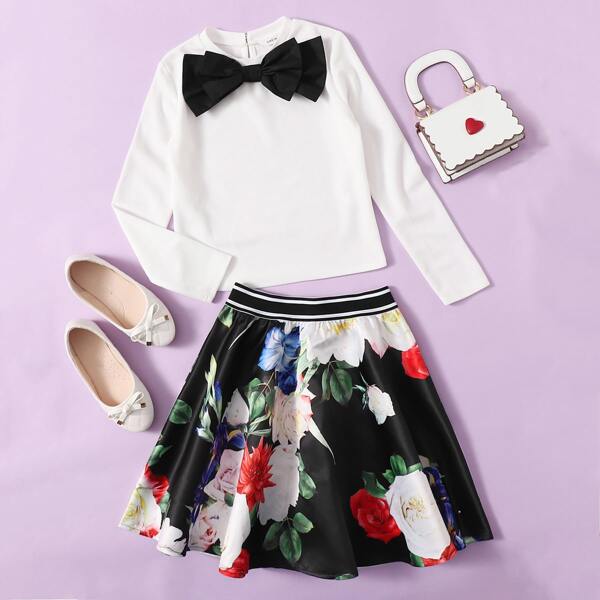 

Girls Big Bow Front Top & Striped Waist Floral Skirt Set, Black and white