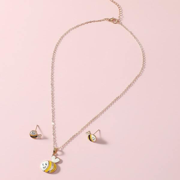 

1pc Cartoon Bee Pendant Necklace & 1pair Earrings, Gold