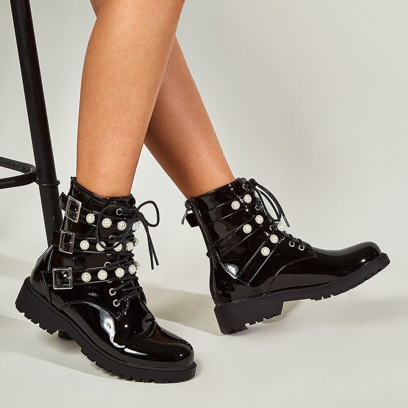 

Faux Pearl & Buckle Decor Combat Boots, Black
