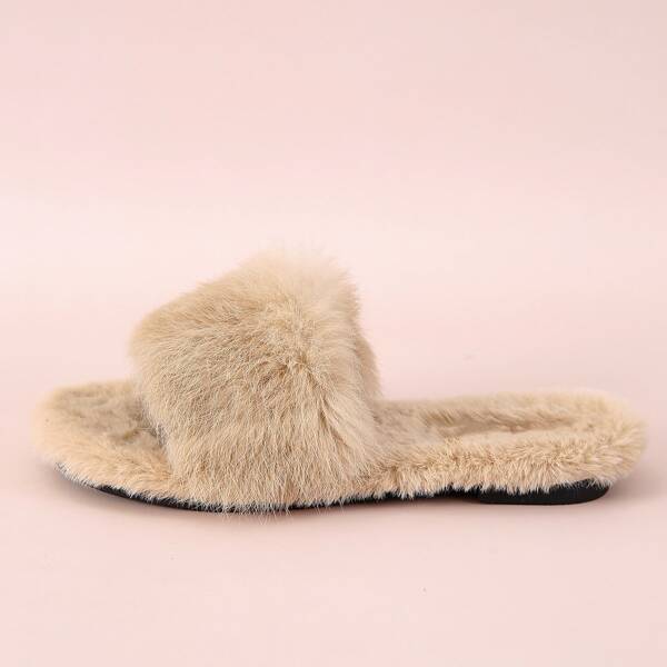 

Minimalist Open Toe Fluffy Slippers, Beige