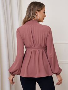 SHEIN Maternity Shirred Neck Belted Top - Dusty Pink - View 2