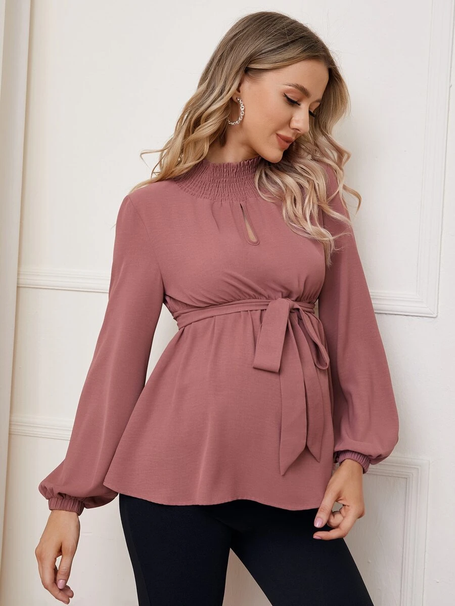 SHEIN Maternity Shirred Neck Belted Top - Dusty Pink - View 1